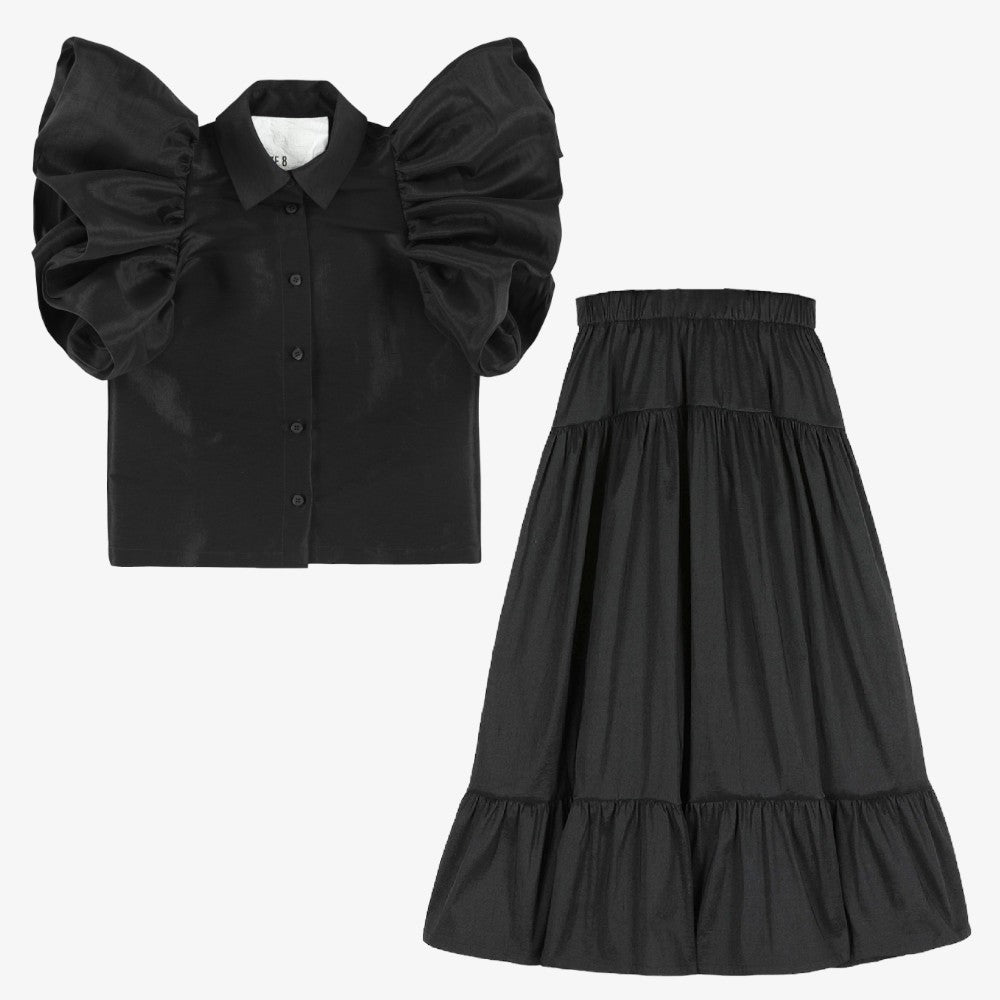 Tafetta Ruffle Blouse And Skirt - Black