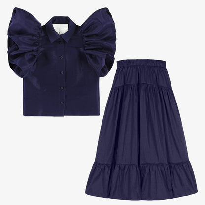 Tafetta Ruffle Blouse And Skirt - Dark Navy