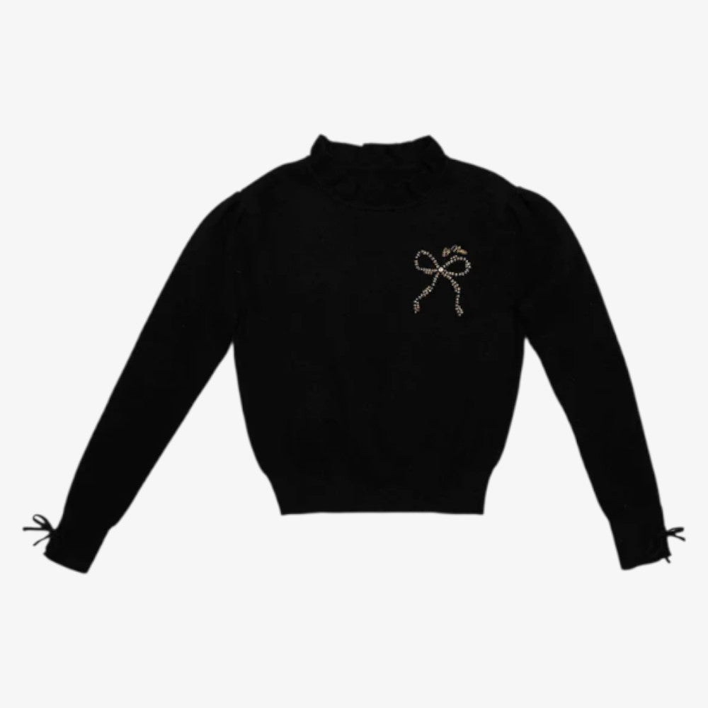 Knit Beaded Bow Sweater - Black
