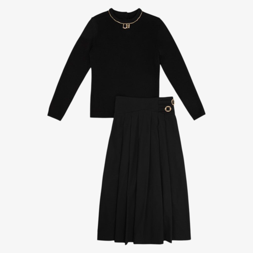Charm Sweater And Buckle Midi Skirt - Black