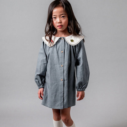 Gingham Embroidered Dress - Indigo