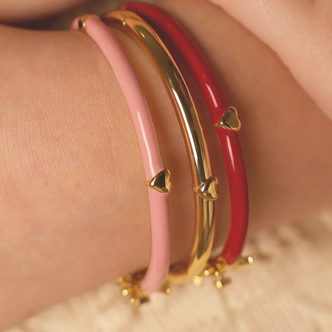 Enamel Deep Red Bangle With Heart - Gold