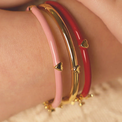 Enamel Deep Red Bangle With Heart - Gold
