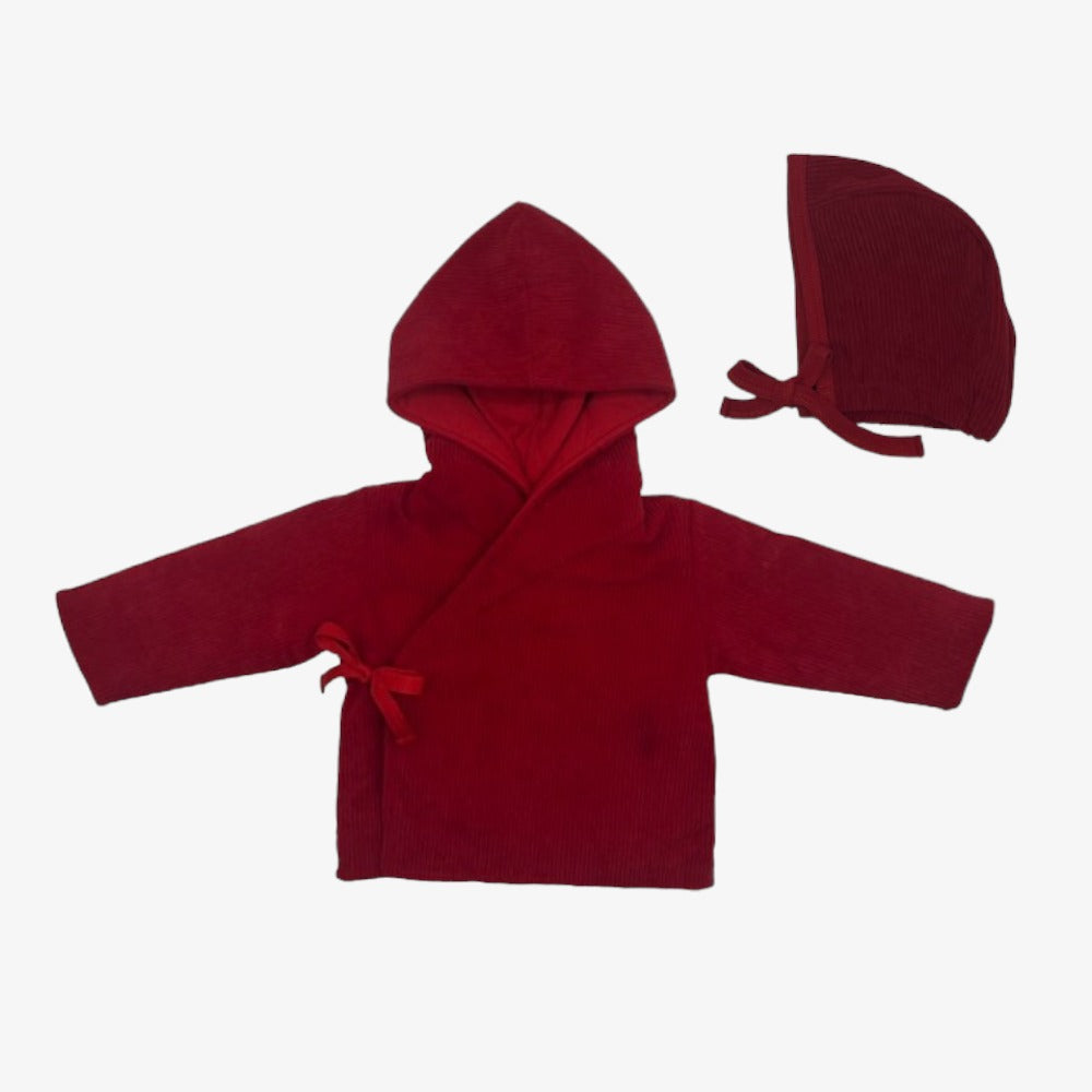 Cotton Pompom Corduroy Jacket With Bonnet - Red