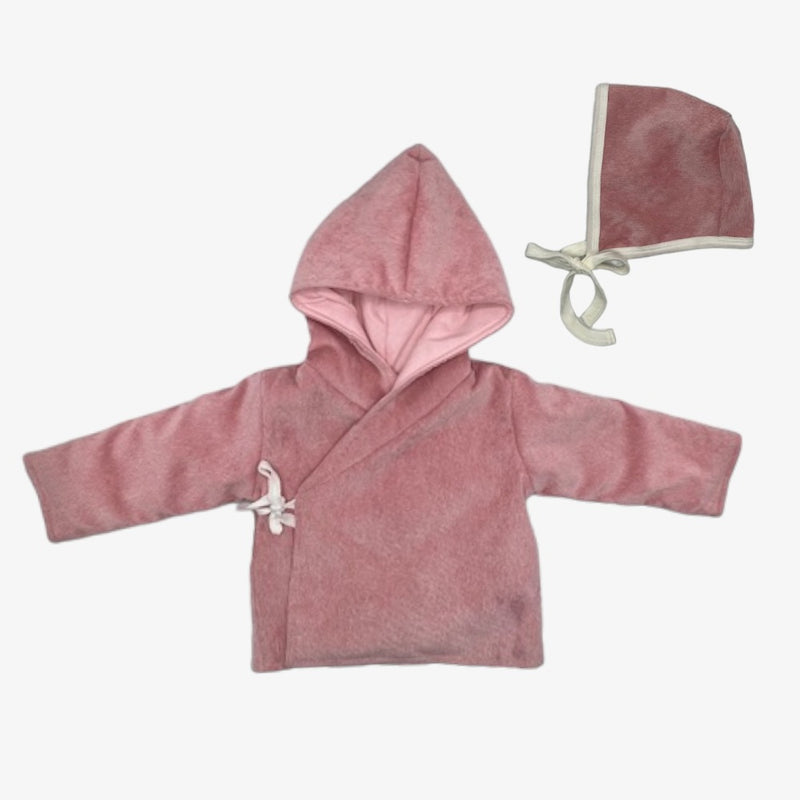 Cotton Pompom  Wrap Jacket & Bonnet Set - Pink