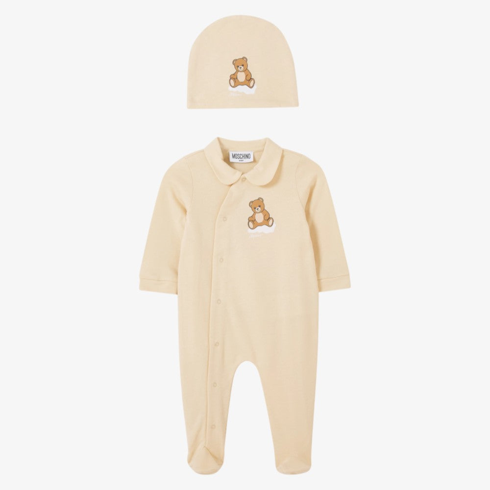 Bear Side Snap Footie And Hat - Beige