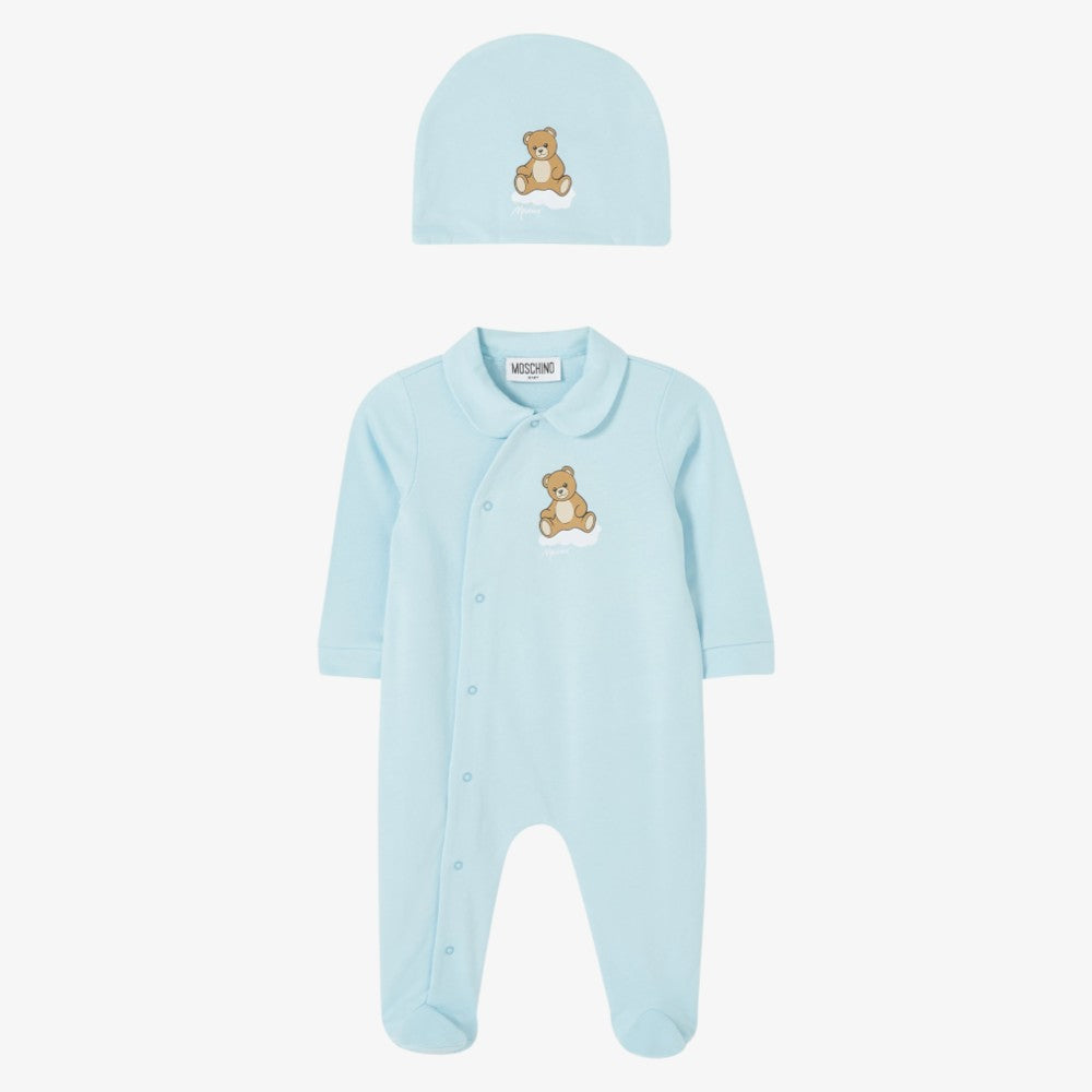 Bear Side Snap Footie And Hat - Sky Blue