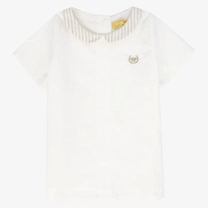Linen Collar Blouse - White&amp;tan