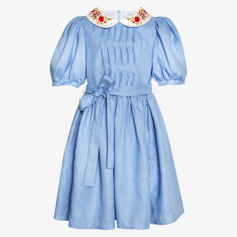 Embroidered Collar Belt Dress - Blue