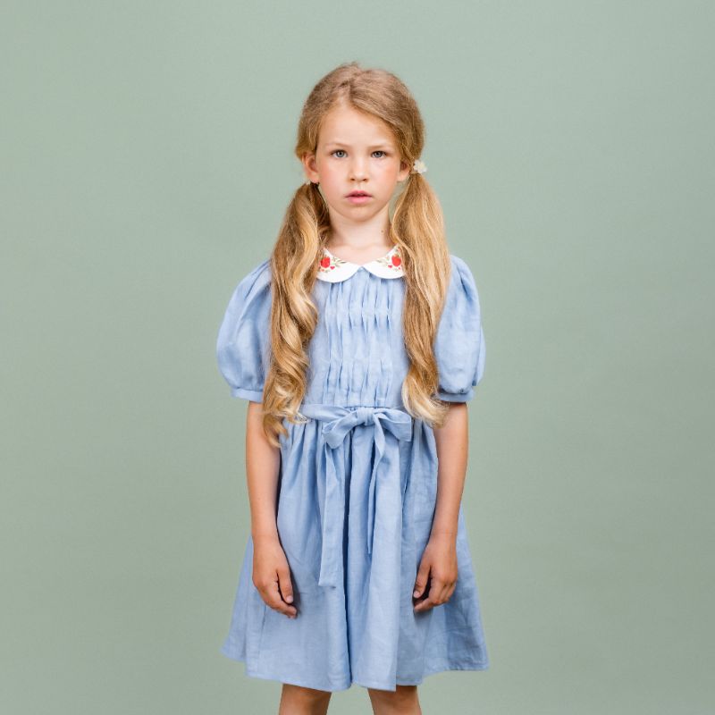 Embroidered Collar Belt Dress - Blue