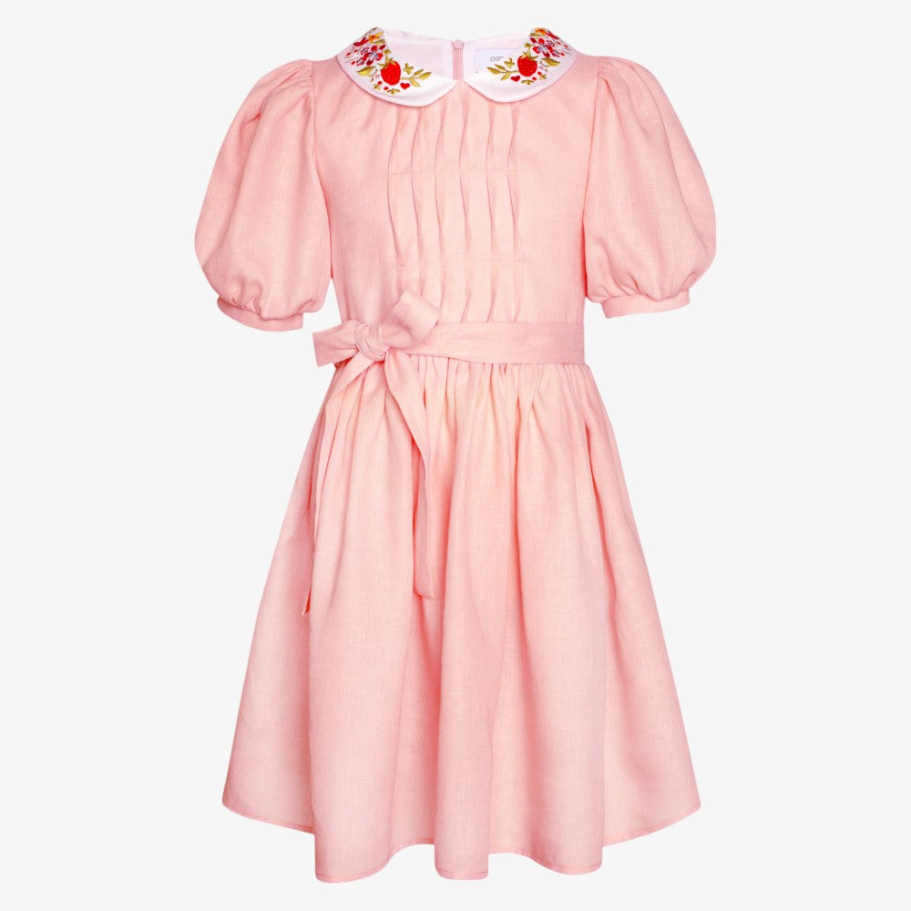 Embroidered Collar Belt Dress - Pink