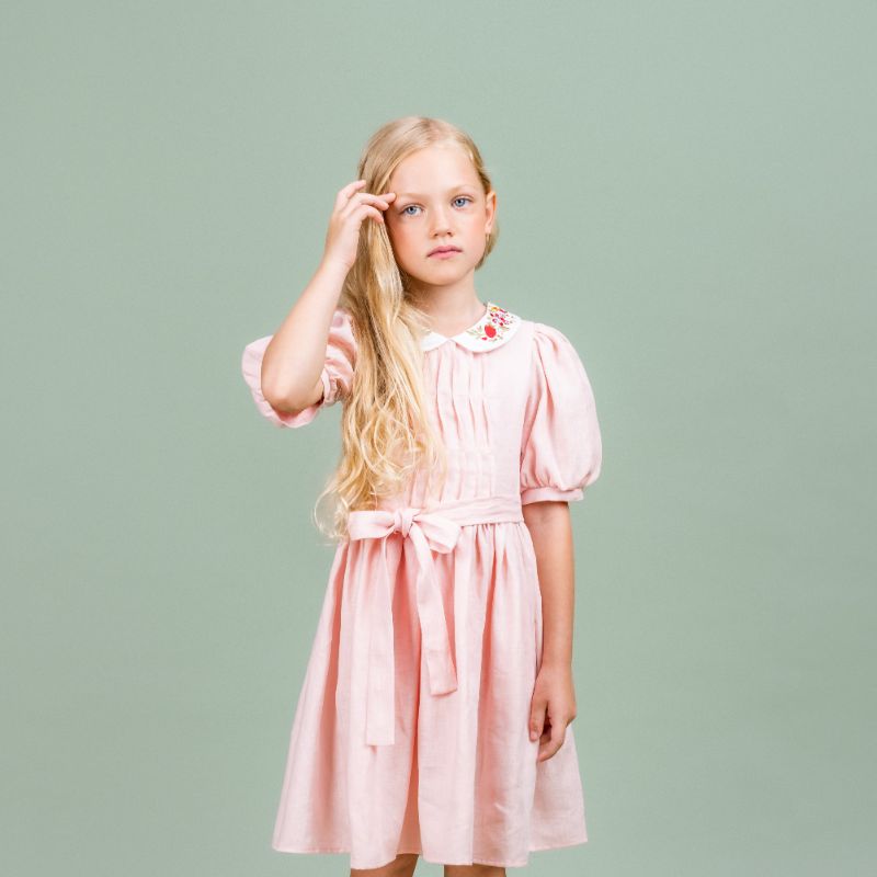 Embroidered Collar Belt Dress - Pink