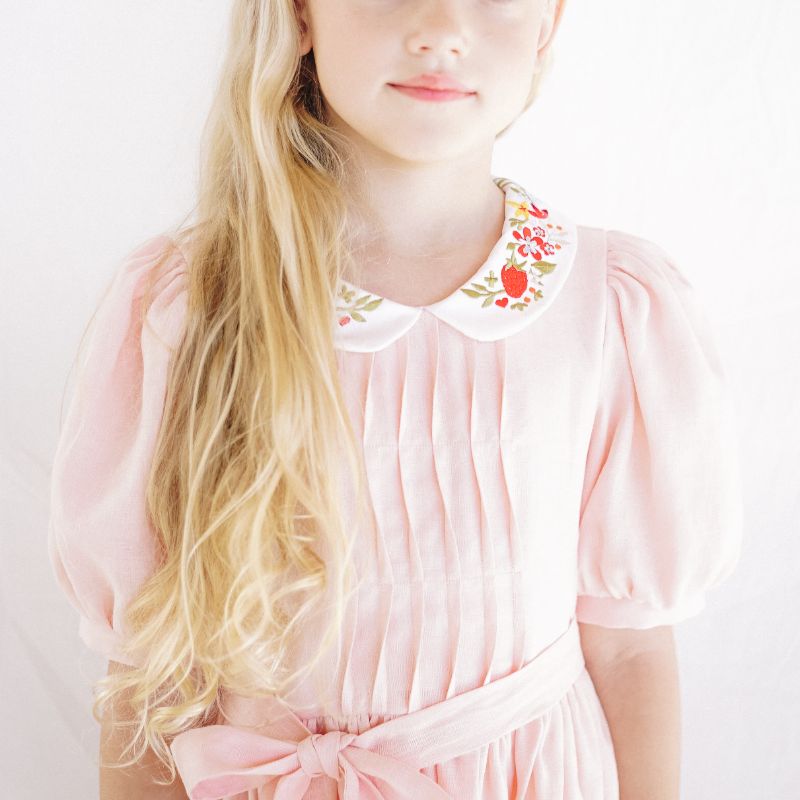 Embroidered Collar Belt Dress - Pink