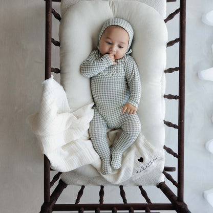 Gingham Bebe Footie And Hat - Pale Blue