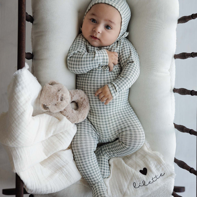 Gingham Bebe Footie And Hat - Pale Blue