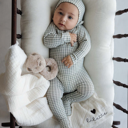 Gingham Bebe Footie And Hat - Pale Blue
