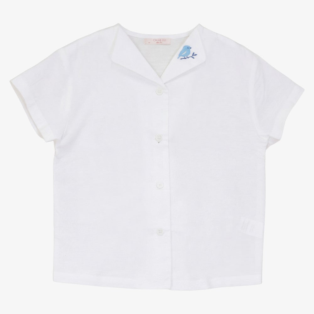 Bird Linen Shirt - White &amp; Blue