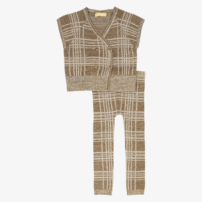 Plaid Knit Vest And Pants Set - Camel