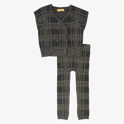 Plaid Knit Vest And Pants Set - Olive