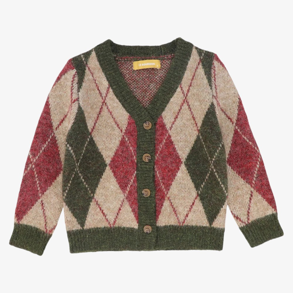 Argyle Knit Trim Cardigan - Olive