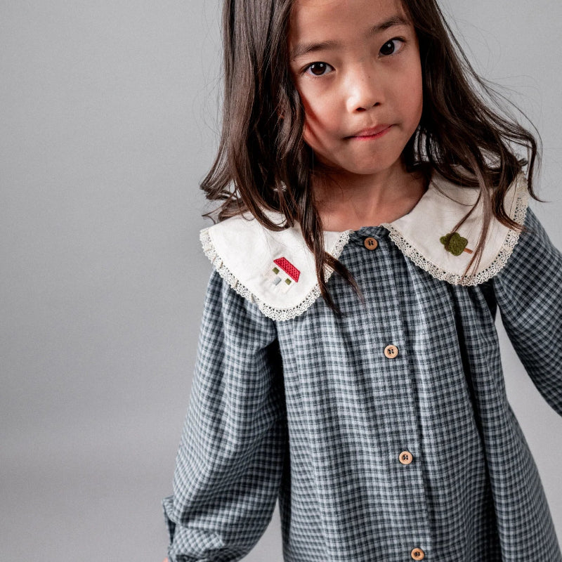 Gingham Embroidered Dress - Indigo