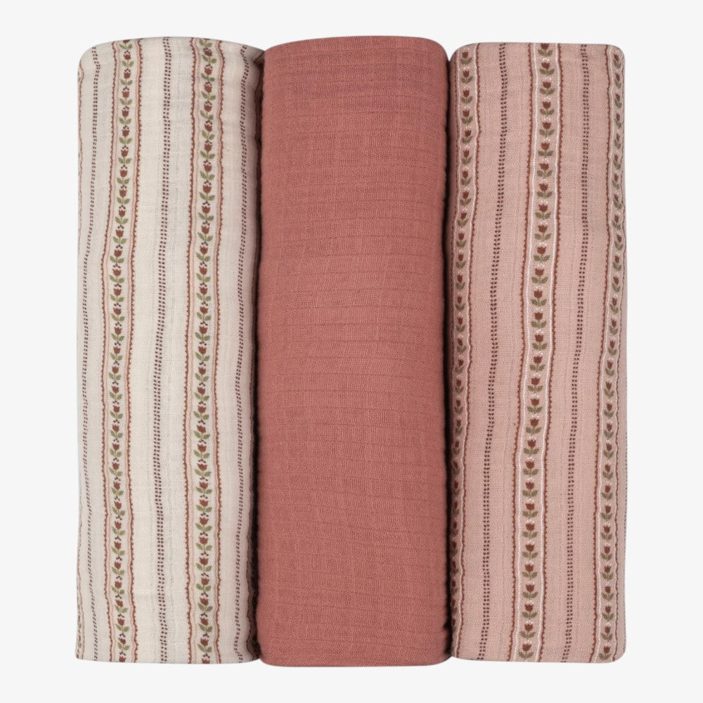 Tulip 3 Pack Muslin Swaddles - Ivory &amp; Pink