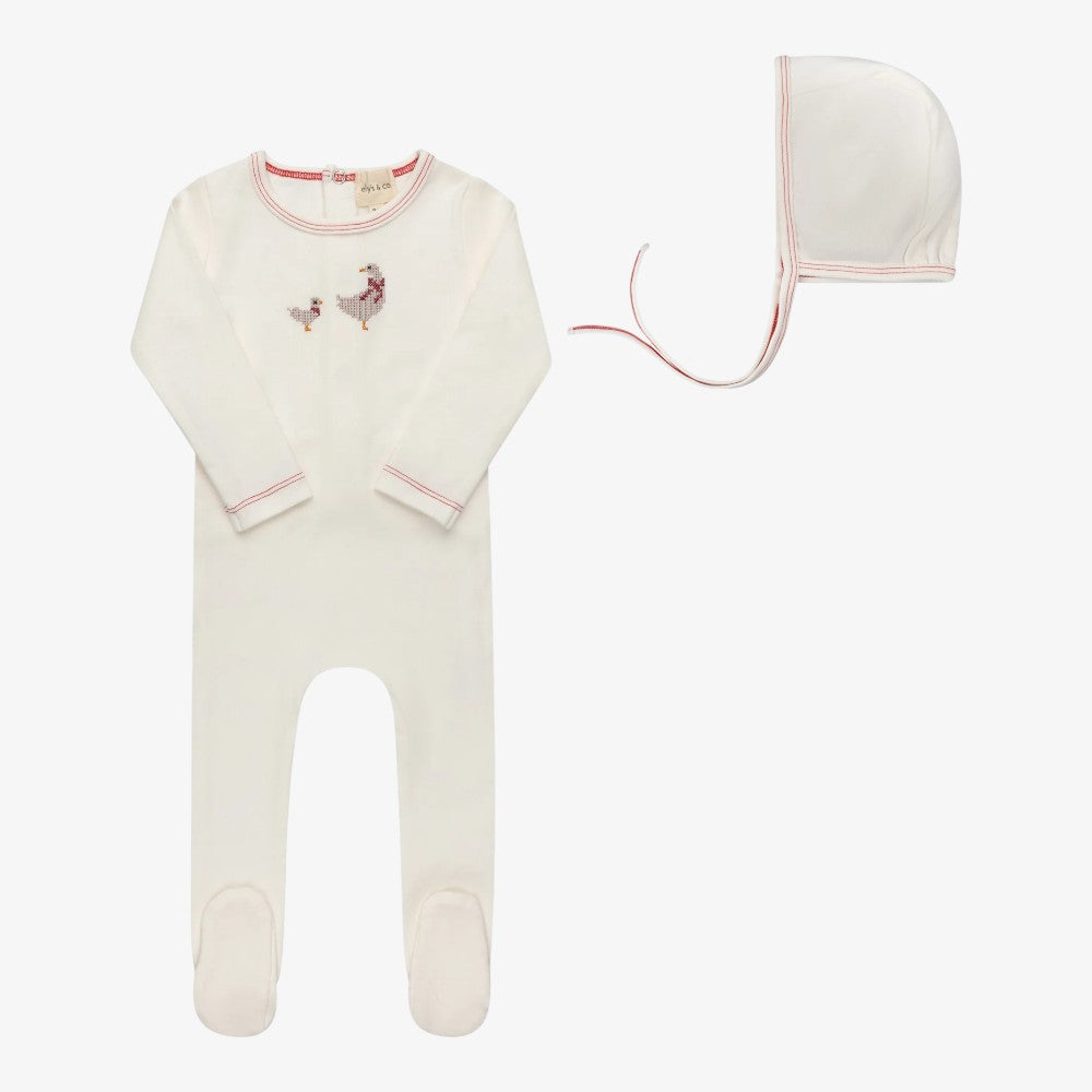 Cross Stitch Duck Footie And Bonnet - Ivory &amp; Pink
