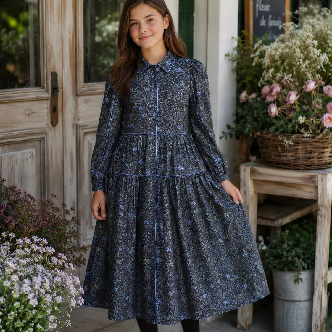 Floral Dress With Piping - Navy