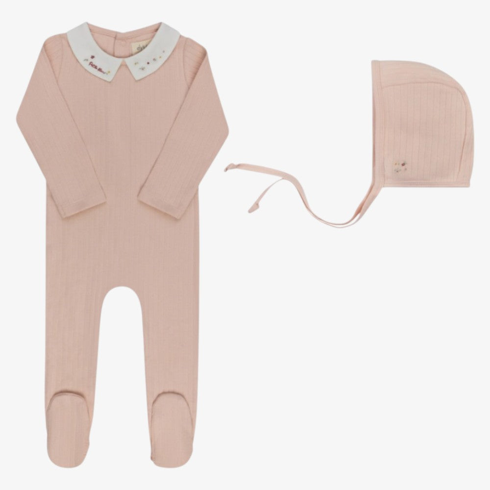 Embroidered Footie And Bonnet - Pink
