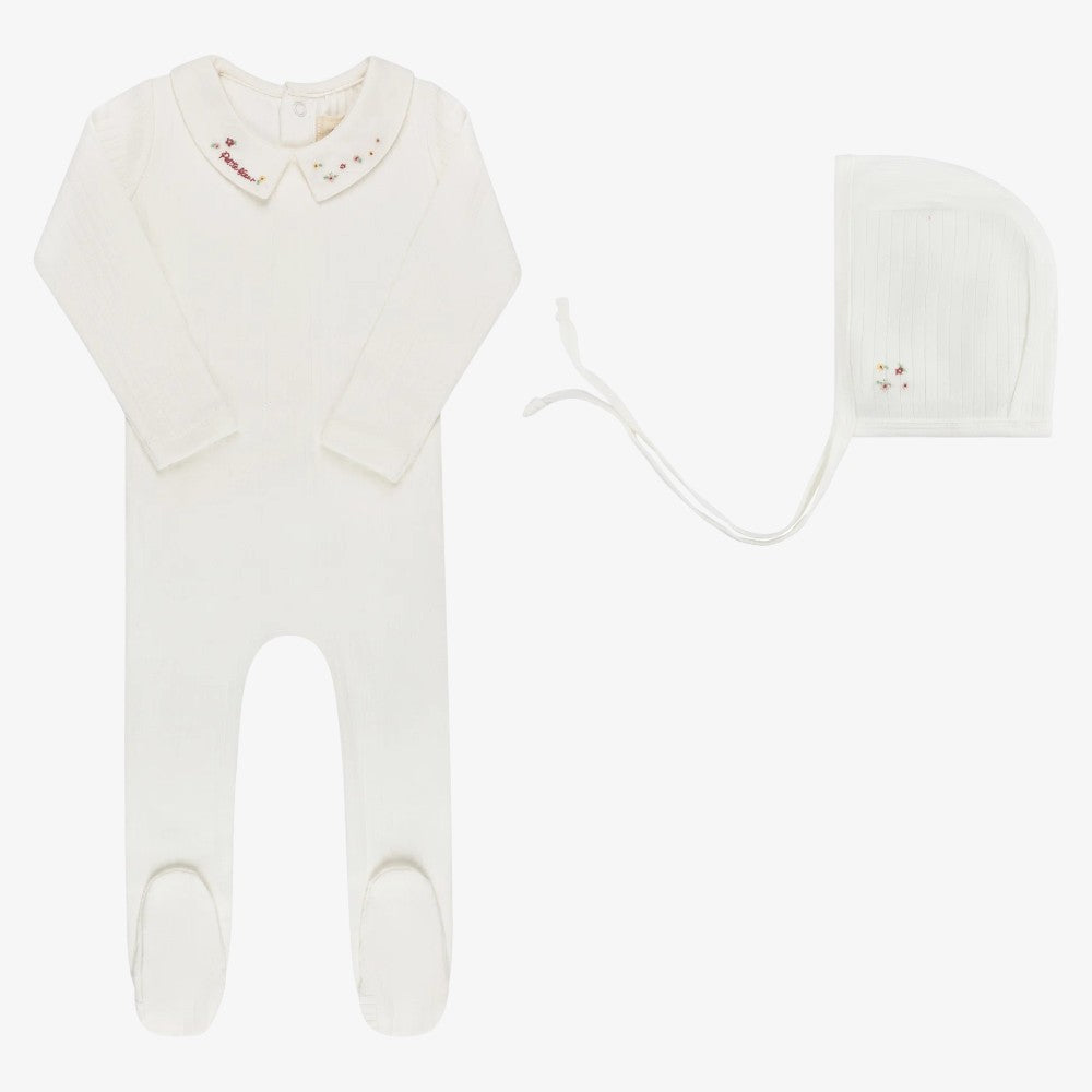 Embroidered Footie And Bonnet - Ivory Pink