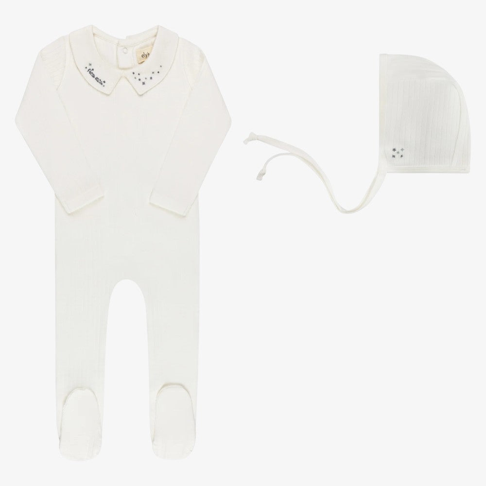 Embroidered Footie And Bonnet - Ivory Blue