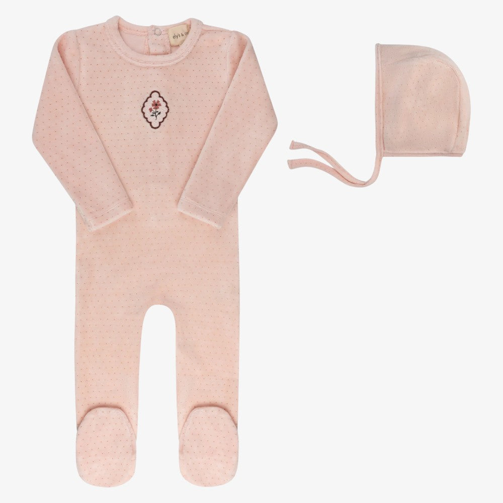 Embroidered Dot Footie And Bonnet - Pink