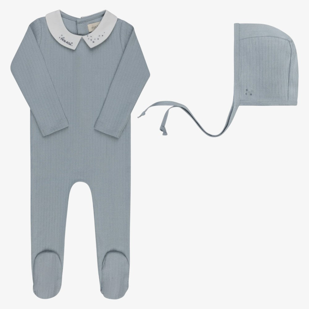 Embroidered Footie And Bonnet - Blue