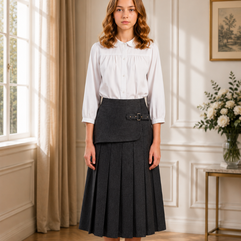 Buckle Wrap Pleated Skirt - Charcoal