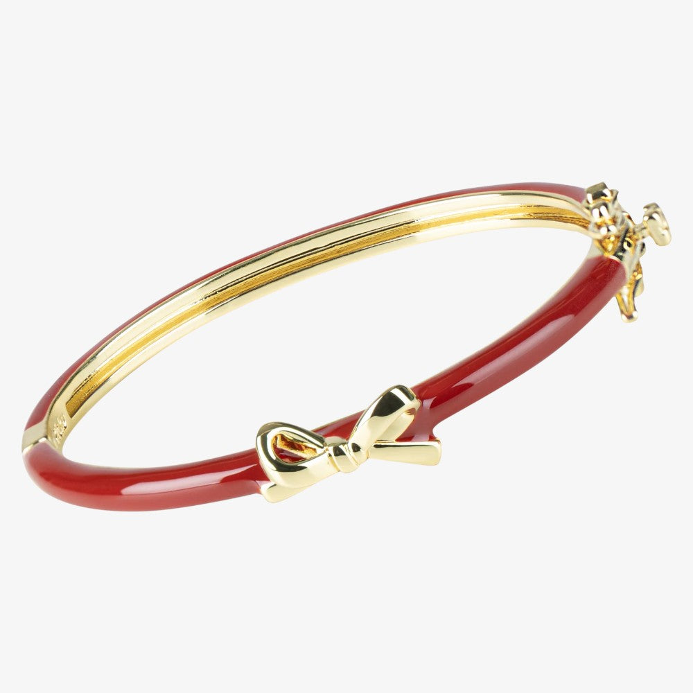 Enamel Deep Red Bangle With Bow - Gold