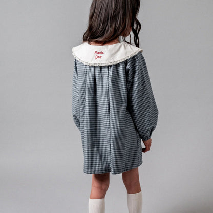 Gingham Embroidered Dress - Indigo