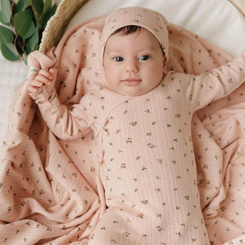 Floral Pointelle Footie And Beanie (9M) - Pink