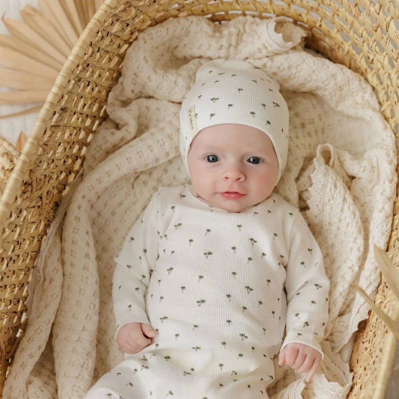 Ribbed Printed Palm Footie And Beanie - Ivory