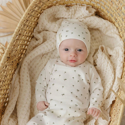 Ribbed Printed Palm Footie And Beanie - Ivory