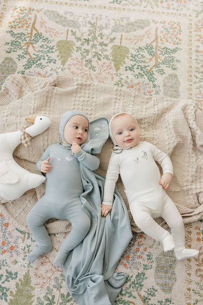 Cross Stitch Duck Footie And Bonnet - Ivory &amp; Blue