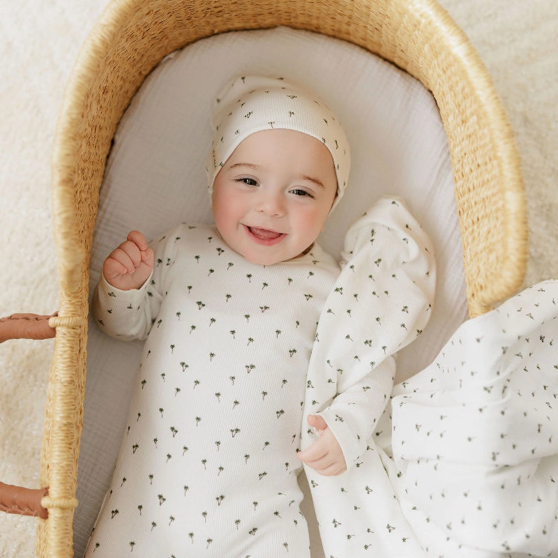 Ribbed Printed Palm Footie And Beanie - Ivory