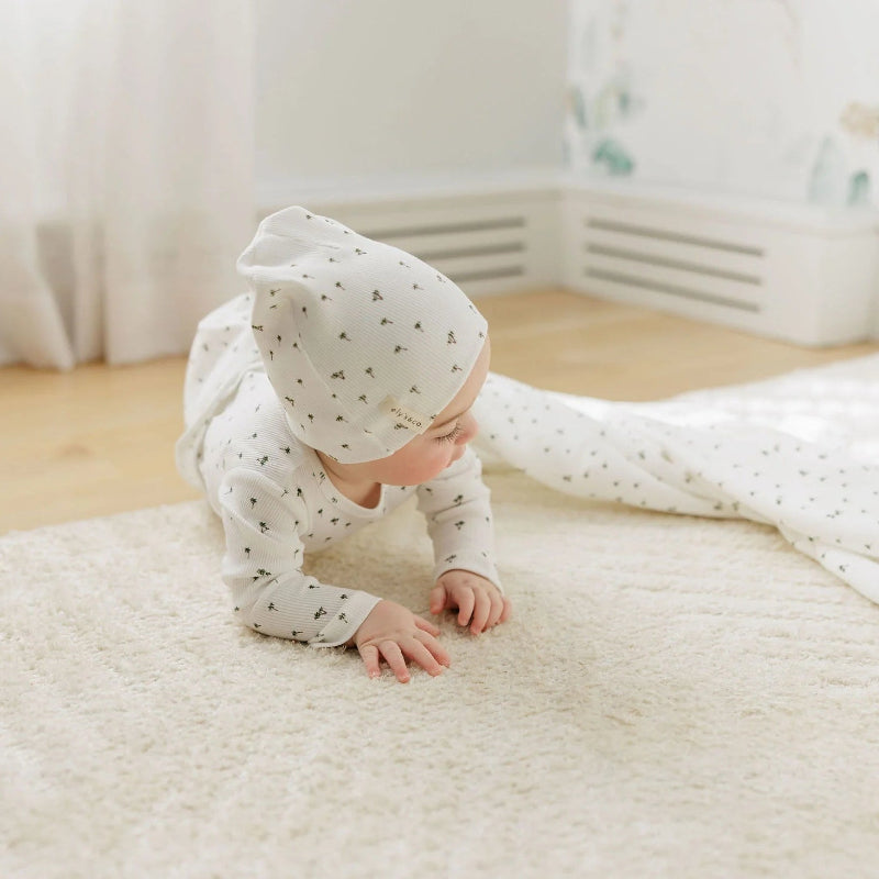Ribbed Printed Palm Footie And Beanie - Ivory