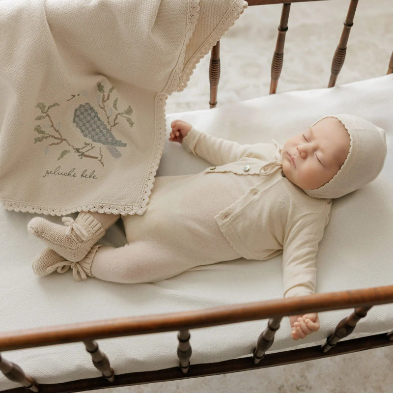 Knit Footie With Cardigan And Bonnet - Stone