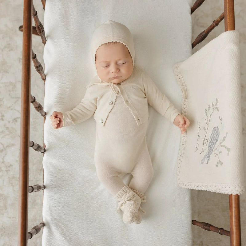 Knit Footie With Cardigan And Bonnet - Stone