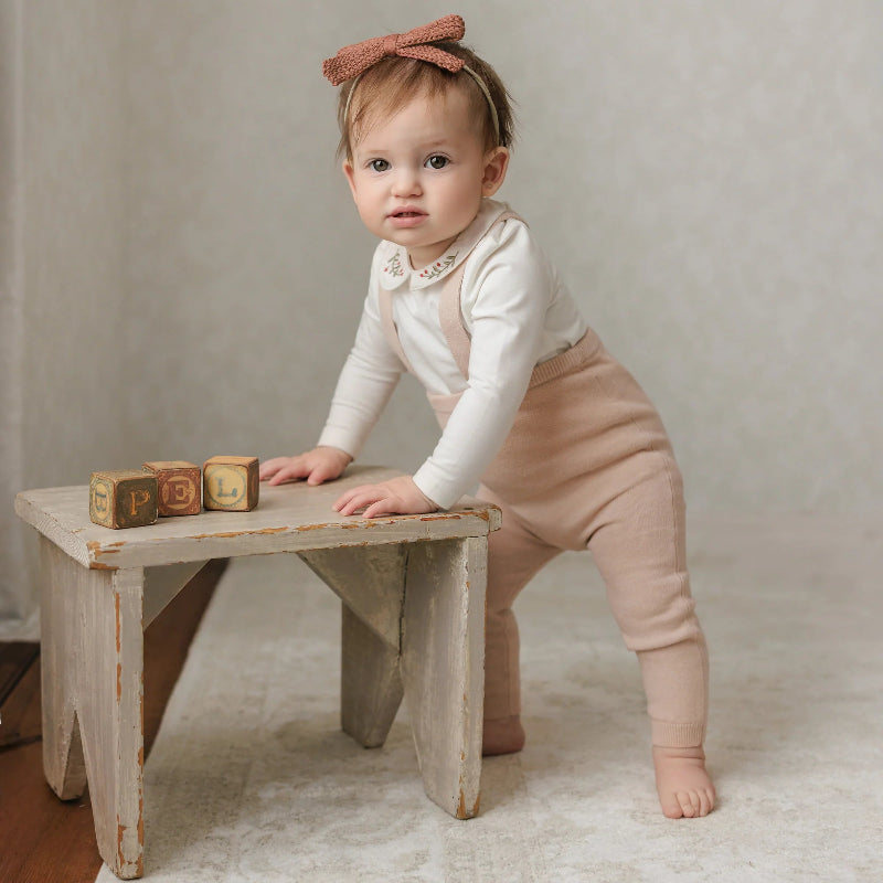 Embroidered Collar Onesie Long Sleeve - Cream &amp; Berry