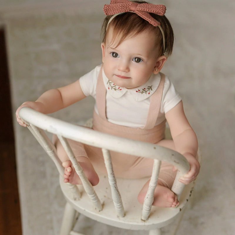 Embroidered Collar Onesie Short Sleeve - Cream &amp; Berry