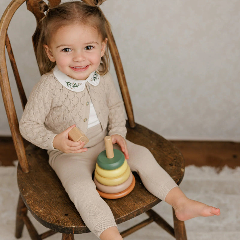 Embroidered Collar Onesie Long Sleeve - Cream &amp; Olive