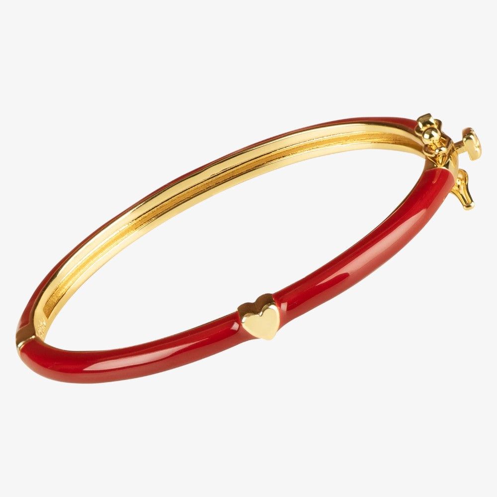 Enamel Deep Red Bangle With Heart - Gold