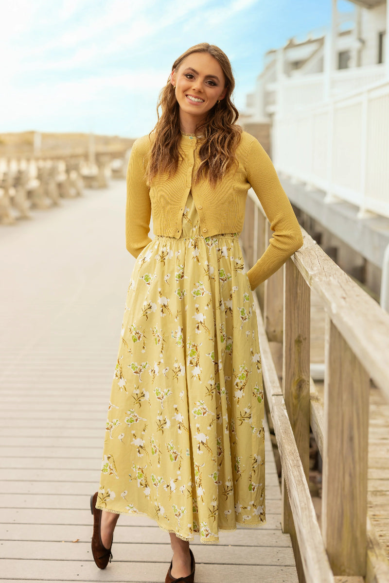 Floral Dress With Cardigan - Yellow