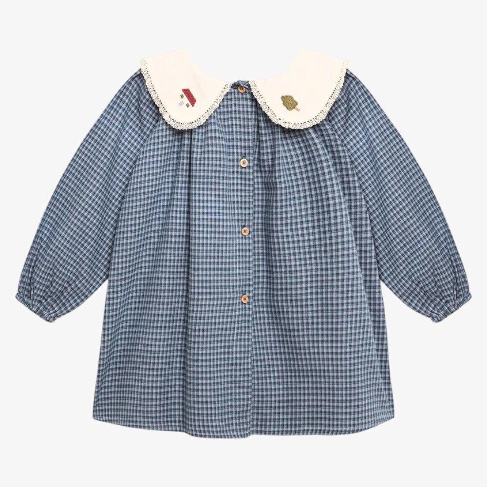 Gingham Embroidered Dress - Indigo